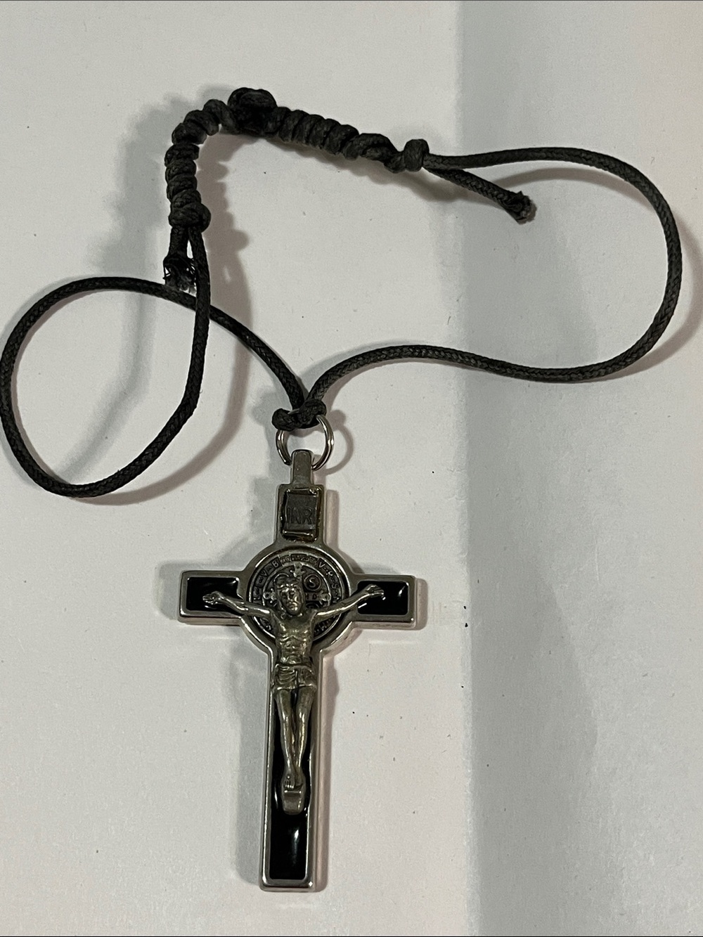 Vintage Silver and Black Crucifix Pendant Necklace - Vintage